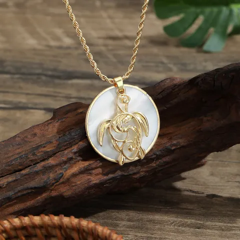 Gold Plated Shell Round Pendant Necklace Heart Turtle Palm Tree Tropical Style Marine Jewelry For Women Daily Vacation Accessories