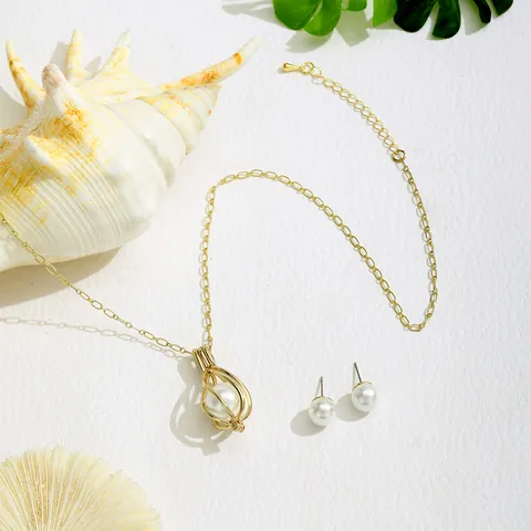 Vintage Hohl Vogelkäfig Künstliche Perle Schmuckset Vergoldetes Kupfer Tränenform Anhänger Halskette Und Ohrstecker Für Damen Hochzeit Party Schmuck