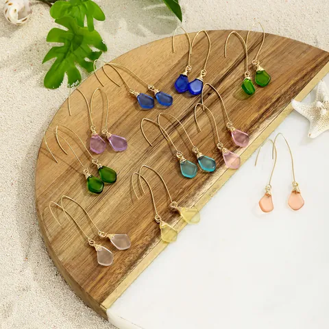 Bohemian Handmade Wire Wrapped Sea Glass Dangle Earrings For Women Summer Beach Frosted Glass Teardrop Earrings Fashion Jewelry Gift