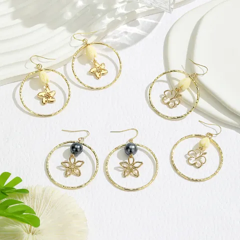 Boucles d'Oreilles Boho Vintage en Cuivre Grands Anneaux Avec Perle Fausse Ananas Fleur Cocotier Coeur Évidé pour Femme