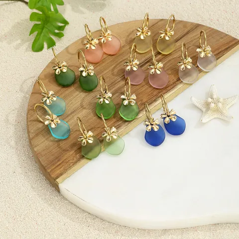 Sea Glass Style Drop Earrings Gold Alloy Flower Hoops Frosted Waterdrop Dangle Earrings For Women Summer Vacation Jewelry