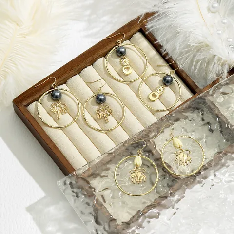 Boucles d'Oreilles Boho Vintage en Cuivre Grands Anneaux Avec Perle Fausse Ananas Fleur Cocotier Coeur Évidé pour Femme