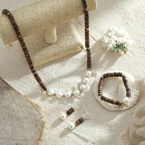 Böhmische Kokosnussschale Kunstperle Halskette Armband Tropfenohrringe Kollektion Vintage Strand Urlaub Schmuck Damen