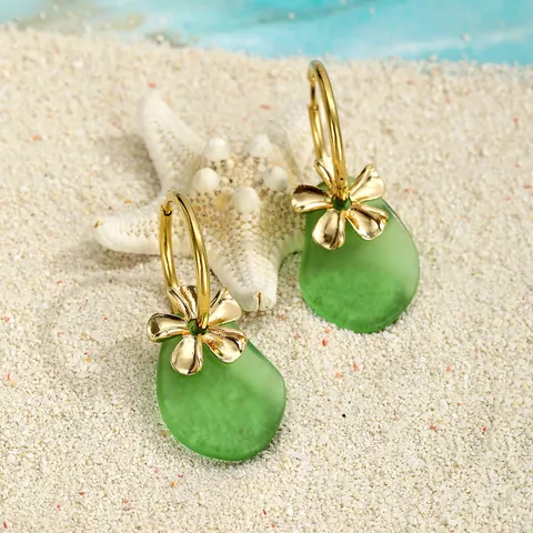 Sea Glass Style Drop Earrings Gold Alloy Flower Hoops Frosted Waterdrop Dangle Earrings For Women Summer Vacation Jewelry