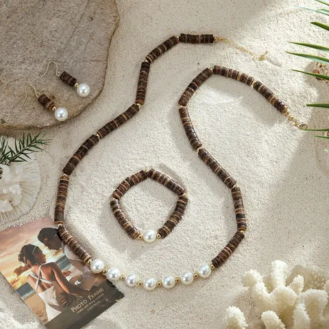 Böhmische Kokosnussschale Kunstperle Halskette Armband Tropfenohrringe Kollektion Vintage Strand Urlaub Schmuck Damen