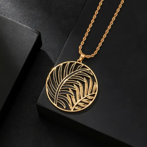 Vintage Gold Plated Alloy Hollow Palm Leaf Round Pendant Necklace And Grey Faux Pearl Dangle Earrings For Women Fashion Jewelry