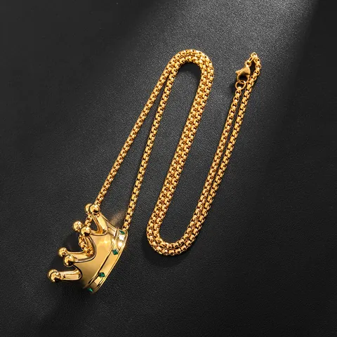 Luxury 18K Gold Plated Alloy Crown Pendant Necklace With Green Rhinestone Luxury Box Chain Hip Hop Jewelry For Men Women