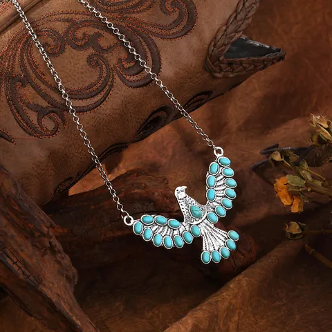 Vintage Böhmische Legierung Adler Anhänger Halskette Mit Synthetischem Türkis Antik Silber Ton Schmuck Geschenk Für Damen