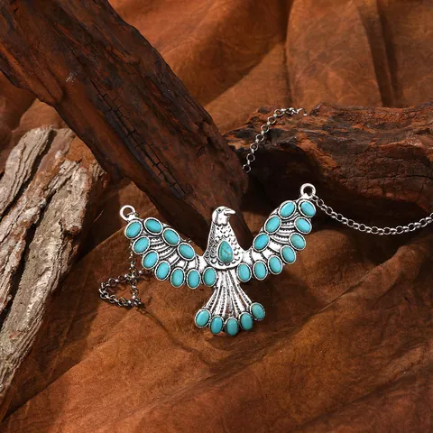 Vintage Böhmische Legierung Adler Anhänger Halskette Mit Synthetischem Türkis Antik Silber Ton Schmuck Geschenk Für Damen