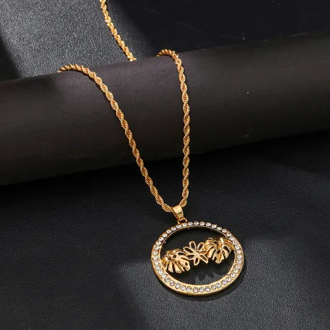 Collar con Colgante de Hoja de Monstera de Aleación de Oro Vintage con Strass Cadena de Cuerda Estilo Hawaiano Joyería para Mujer