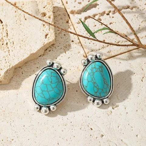 Vintage Bohemian Legierung Türkis Eingelegt Wassertropfen Ohrhänger Für Damen Antiksilber Perlen Ethnischen Schmuck