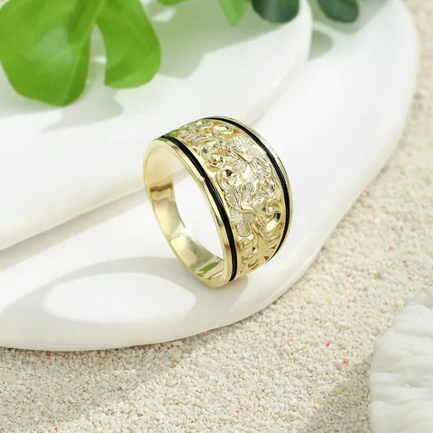 Hawaïaanse Stijl Verguld Koper Holle Hibiscus Bloem Brede Ring Met Zwart Emaille Vrouwen Tropische Vakantie Sieraden Cadeau