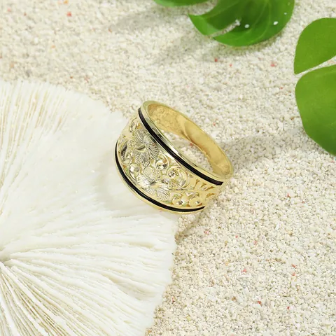 Hawaïaanse Stijl Verguld Koper Holle Hibiscus Bloem Brede Ring Met Zwart Emaille Vrouwen Tropische Vakantie Sieraden Cadeau