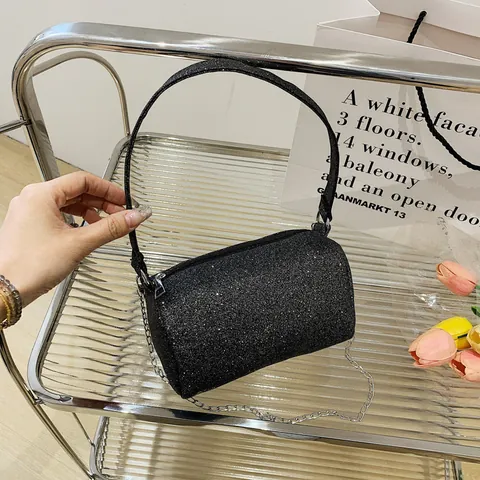 Luxury Glitter Sequin Barrel Shoulder Bag For Women Shiny Cylinder Handbag With Chain Strap Evening Party Crossbody Bag