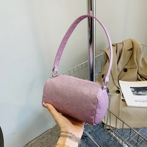 Luxury Glitter Sequin Barrel Shoulder Bag For Women Shiny Cylinder Handbag With Chain Strap Evening Party Crossbody Bag