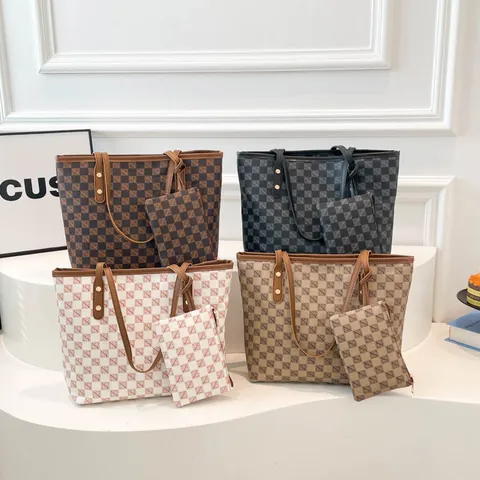 Casual Women Monogram Checkerboard Tote Bag Set With Small Pouch Large Capacity PU Leather Shoulder Bag Retro Fashion Handbag