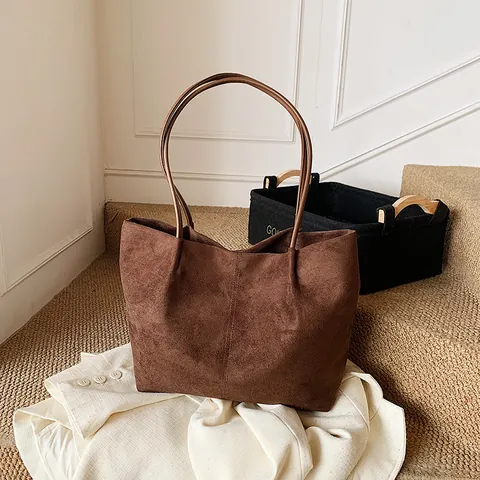 Large Capacity Suede Texture PU Tote Bag Vintage Solid Color Shoulder Bag For Women Commute Casual Handbag
