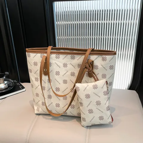 Women Print Tote Handbag PU Leather Large Capacity Urban Simple Shoulder Bag With Matching Pouch Zipper Closure