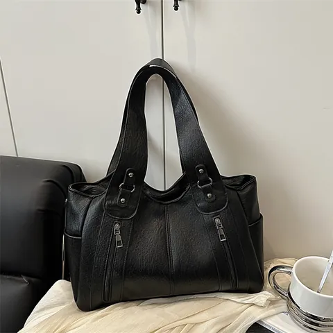 Women Large Capacity Vintage PU Leather Tote Bag Solid Color Lychee Texture Shoulder Bag Daily Commute Fashion Handbag