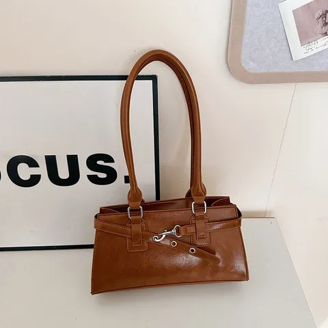 Vintage Minimalistische PU-Leder Achseltasche Für Damen Rechteckige Schultertasche Mit Gürtelschnalle Silberne Hardware Handtasche