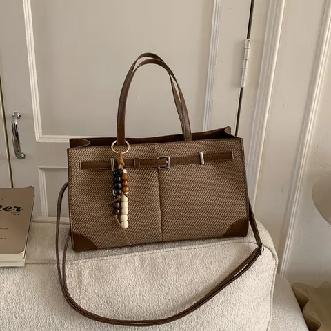 Women Vintage Minimalist Tote Bag Large Capacity PU Leather Woven Fabric Handbag With Wooden Bead Charm Shoulder Bag