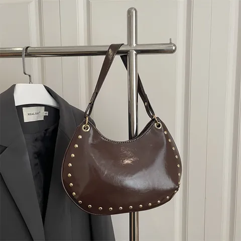 Women Glossy PU Leather Hobo Underarm Bag With Golden Rivet Decor Vintage Magnetic Buckle Shoulder Handbag For Daily Party