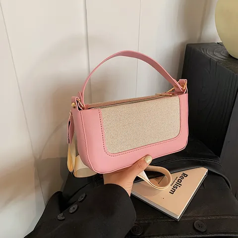 Women Retro Underarm Bag PU Leather Fabric Contrast Color Shoulder Bag With Wide Strap Fashion Commuting Handbag Purse