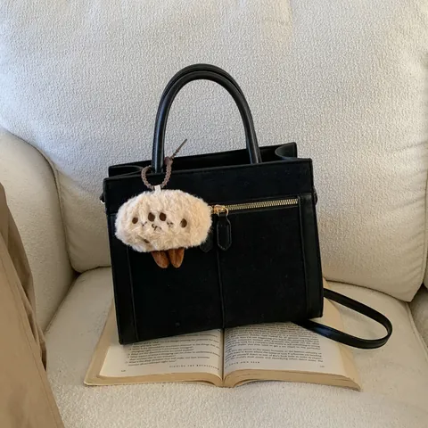 Women Vintage Suede Look PU Leather Tote Bag Minimalist Patchwork Shoulder Crossbody Bag With Charm Large Capacity Handbag