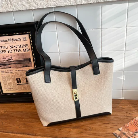 Bolso de Mano Grande de Lona y Cuero PU para Mujer Vintage Bloque de Color Bolso de Hombro para Oficina Trabajo Casual