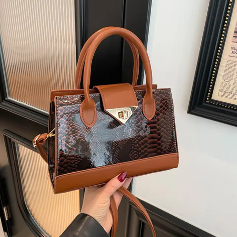 Women Fashion Snake Texture PU Leather Handbag With Metal Triangle Lock Elegant Small Square Shoulder Crossbody Bag For Daily Commute
