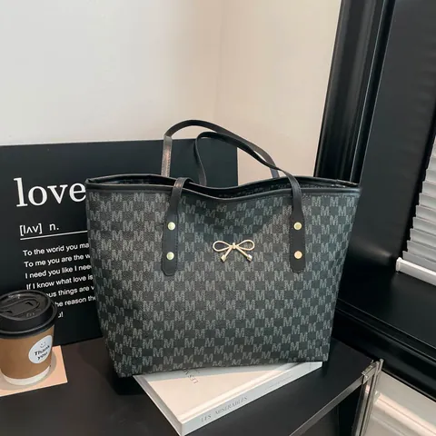 Bolso Tote de Moda con Monograma para Mujer Gran Capacidad Cuero Sintético con Decoración de Lazo Bolso de Hombro