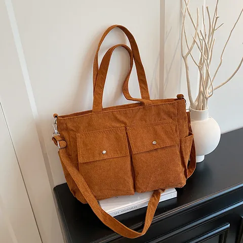 Dames Corduroy Tote Bag Grote Capaciteit Multi-pocket Schoudertas Casual Vintage Koreaanse Stijl Handtas Voor Woon-werkverkeer