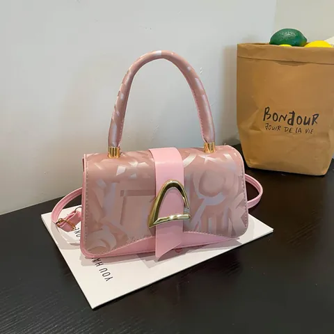 Fashion Women Letter Print Small Square Bag PU Leather Handbag With Gold Metal D Buckle Shoulder Crossbody Bag For Daily