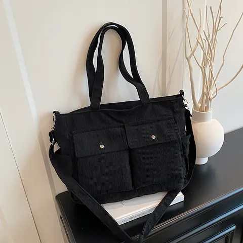 Dames Corduroy Tote Bag Grote Capaciteit Multi-pocket Schoudertas Casual Vintage Koreaanse Stijl Handtas Voor Woon-werkverkeer