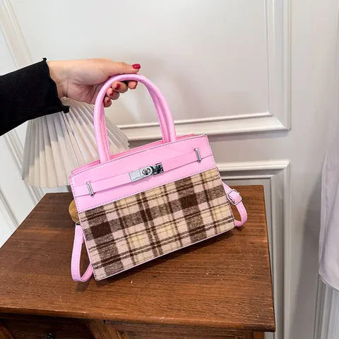 Women Plaid Woolen Splicing PU Leather Handbag Contrast Color Shoulder Bag With Metal Lock Crossbody Bag Vintage Casual Tote