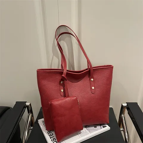 Women PU Leather Tote Bag Minimalist Plain Solid Shoulder Bag Handbag With Matching Pouch For Casual Commute