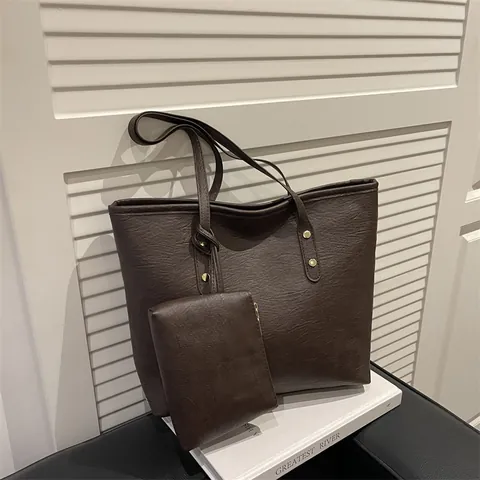 Women PU Leather Tote Bag Minimalist Plain Solid Shoulder Bag Handbag With Matching Pouch For Casual Commute