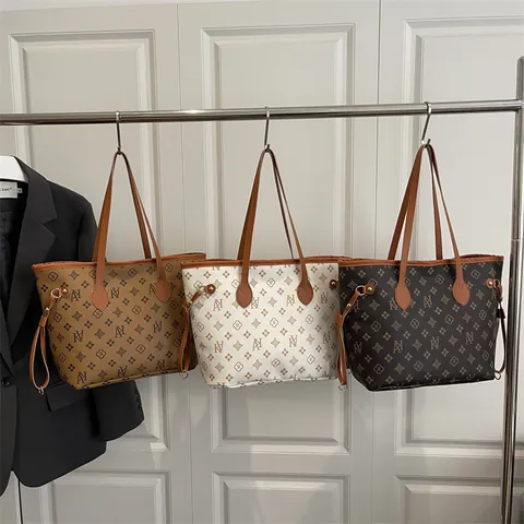 Damen Monogramm Druck Einkaufstasche Und Etui Große Kapazität Kunstleder Schultertasche Luxus Vintage Stil Alltag Handtasche