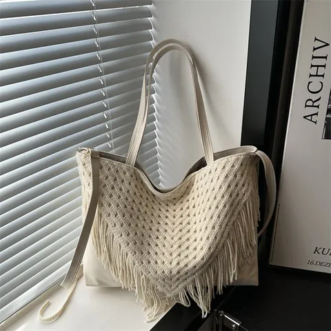 Sac Fourre-tout de Style Bohème au Crochet à Glands pour Femmes Imprimé Léopard Vintage Grande Capacité Sac à Épaule en Similicuir