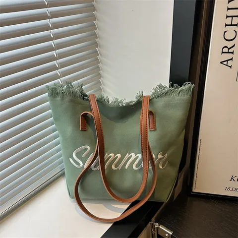 Borsa Tote in Tela da Donna a Grande Capacità Ricamata con Lettere e Bordi a Frange Borsa a Tracolla Manico in Pelle PU