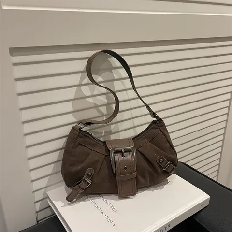 Bolso Hobo de Axila de Cuero PU Vintage Para Mujer Color Sólido Con Hebilla De Metal Grande Bolso De Hombro Diario