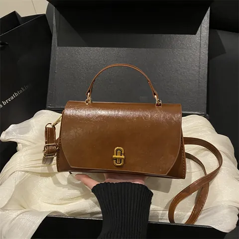 Bolso de Mano de Cuero PU Vintage para Mujer Cierre de Metal Dorado Bolso de Hombro Cuadrado Pequeño Retro Minimalista Tote