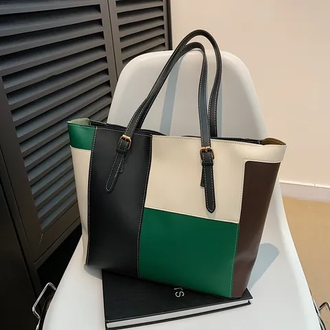 Borsa Shopping Patchwork Colore Contrasto Grande Capacità Donna Pelle PU Minimalista Borsa a Tracolla Moda Urbana Pendolare