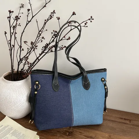 Μεγάλης Χωρητικότητας Color Block Denim Tote Τσάντα Για Γυναίκες Patchwork Τσάντα Ώμου Casual Handbag Με Αντίθεση Ραφής