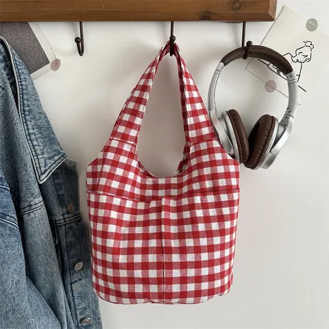 Bolso Tote de Lona a Cuadros Gingham Retro Gran Capacidad Bolso de Hombro Con Bolsillos Frontales Cierre Magnético Mujer