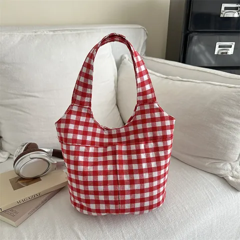 Borsa Tote da Donna in Tela Gingham Grande Capacità Motivo a Griglia Shopping Bag Stile Coreano Minimalista Versatile