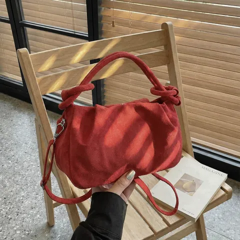 Borsa a Tracolla da Donna in Similpelle Scamosciata Con Manico a Nodo Piccola Borsa Quadrata Plissettata per Uso Quotidiano