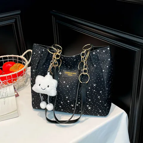 Women Star Print Tote Bag PU Leather Fabric Large Capacity Shoulder Bag Chain Strap Plush Cloud Pendant Casual Handbag