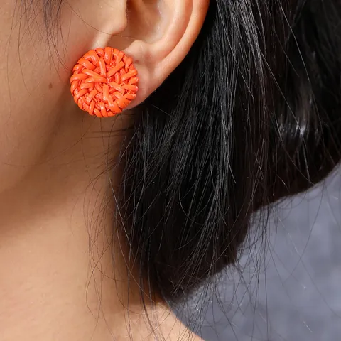 Handmade Woven Rattan Round Stud Earrings For Women Vintage Raffia Summer Beach Accessory Alloy Woven Earrings