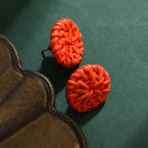 Handmade Woven Rattan Round Stud Earrings For Women Vintage Raffia Summer Beach Accessory Alloy Woven Earrings